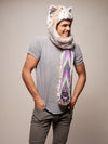 Man wearing faux fur CE Siberian Snow Leopard SpiritHood, side view 1