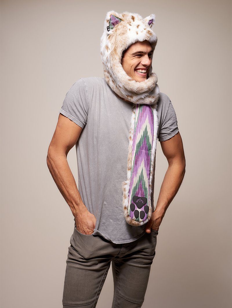 Man wearing faux fur CE Siberian Snow Leopard SpiritHood, side view 1