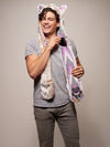 Man wearing faux fur CE Siberian Snow Leopard SpiritHood, front view 2