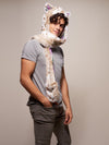 Man wearing faux fur CE Siberian Snow Leopard SpiritHood, side view 5