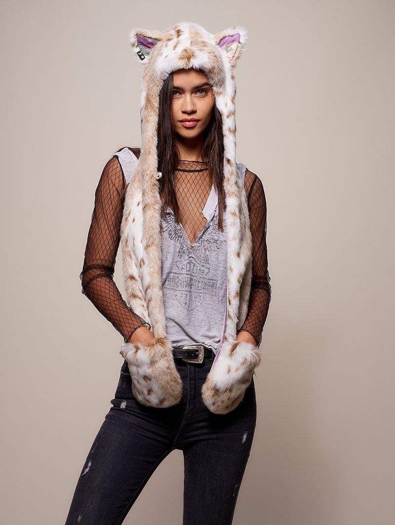 Woman wearing faux fur CE Siberian Snow Leopard SpiritHood, front view 1
