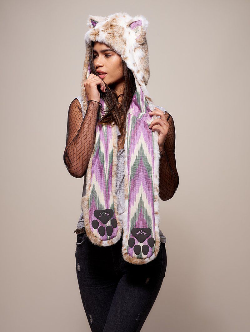 Woman wearing faux fur CE Siberian Snow Leopard SpiritHood