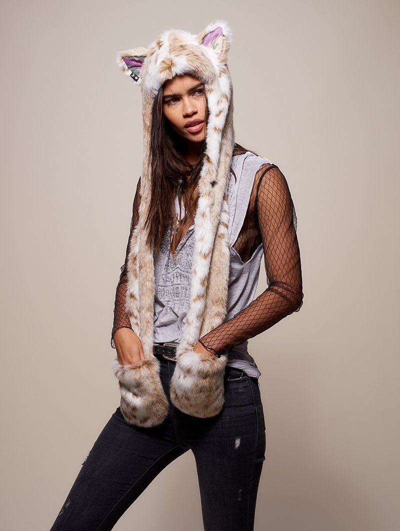 Woman wearing faux fur CE Siberian Snow Leopard SpiritHood, side view 2