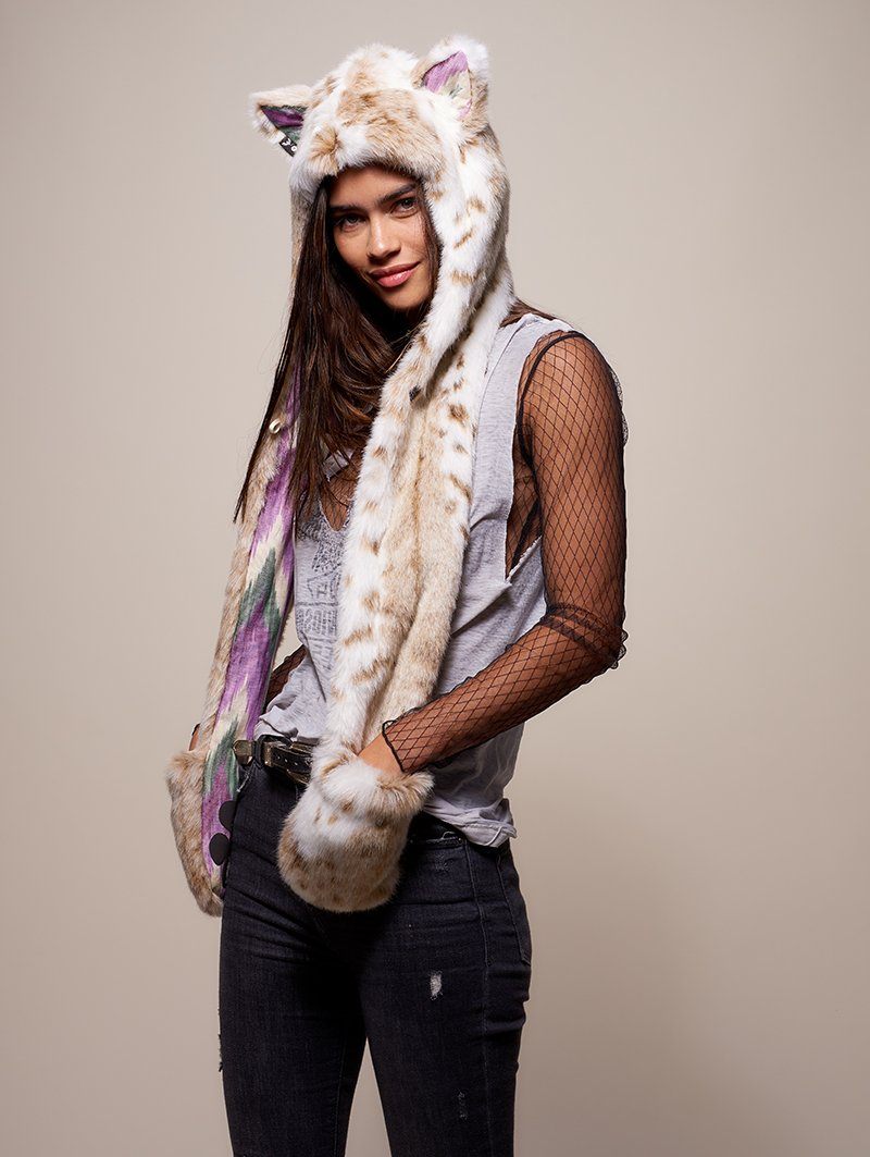 Woman wearing faux fur CE Siberian Snow Leopard SpiritHood, side view 1