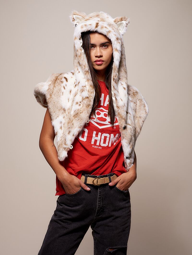 Ivory and Brown Siberian Snow Leopard Shawl SpiritHood on Female