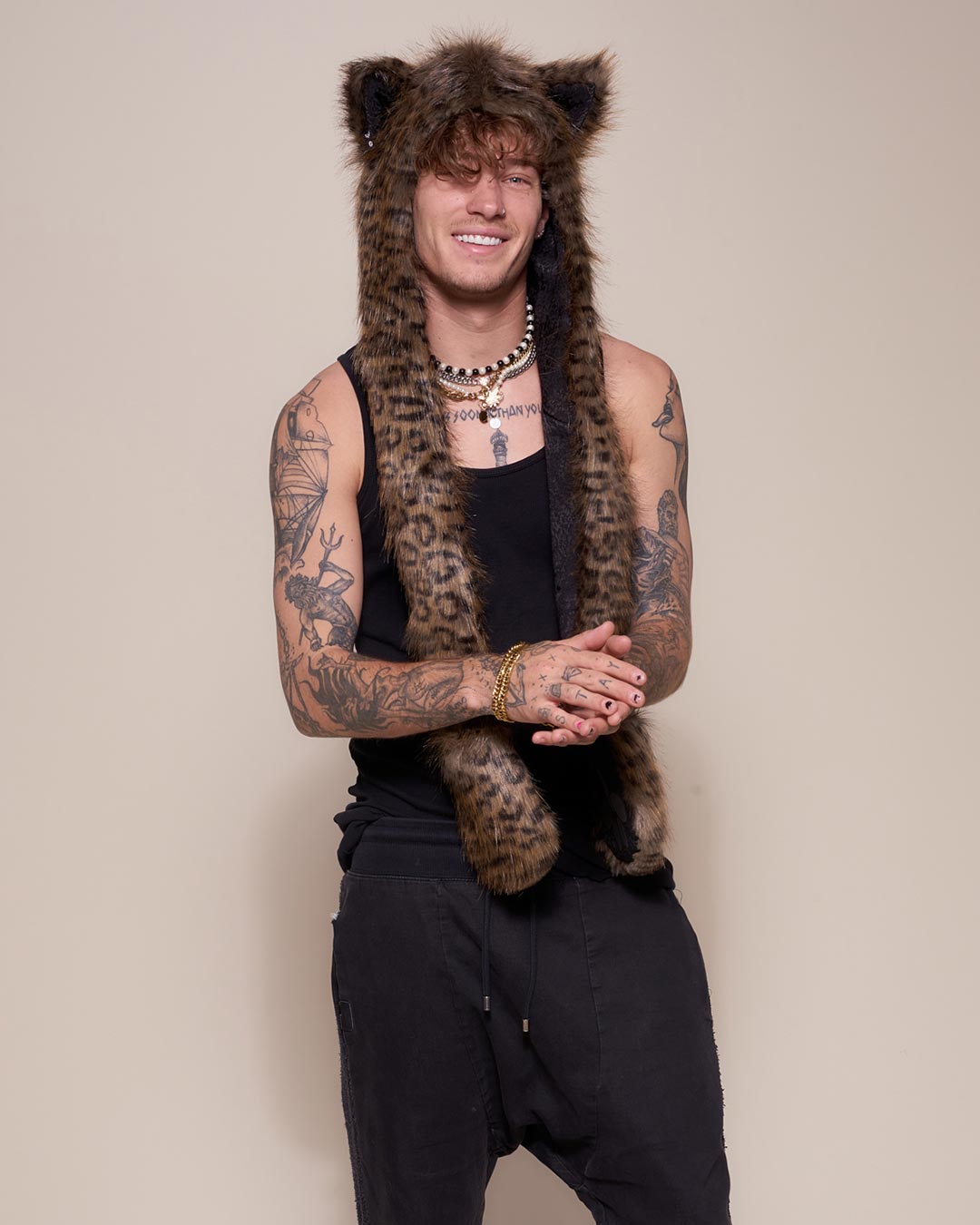 Man wearing Savannah Cat Collector Edition Faux fur Hood, front view 1