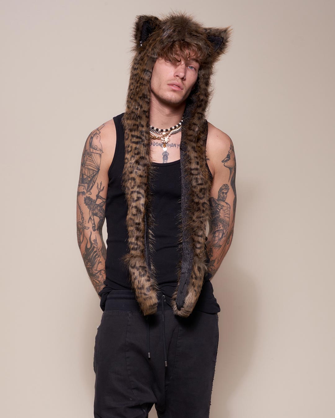 Man wearing Savannah Cat Collector Edition Faux fur Hood, front view 2