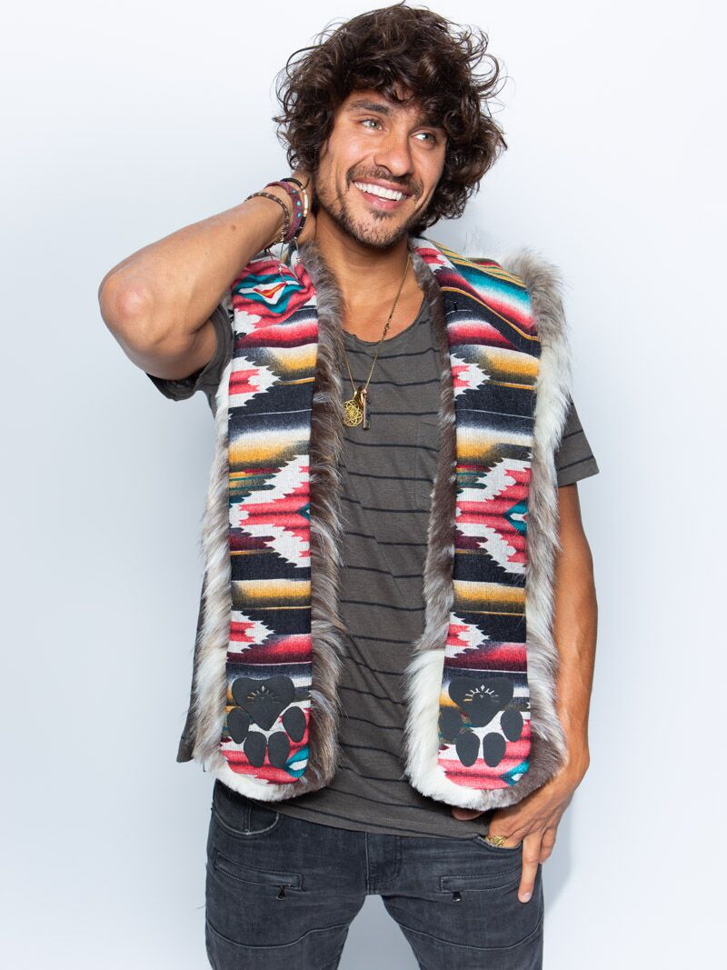 Man wearing faux fur Sedona Wolf Collector Edition SpiritHood, front view 1