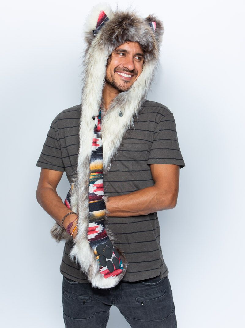 Man wearing faux fur Sedona Wolf Collector Edition SpiritHood, front view