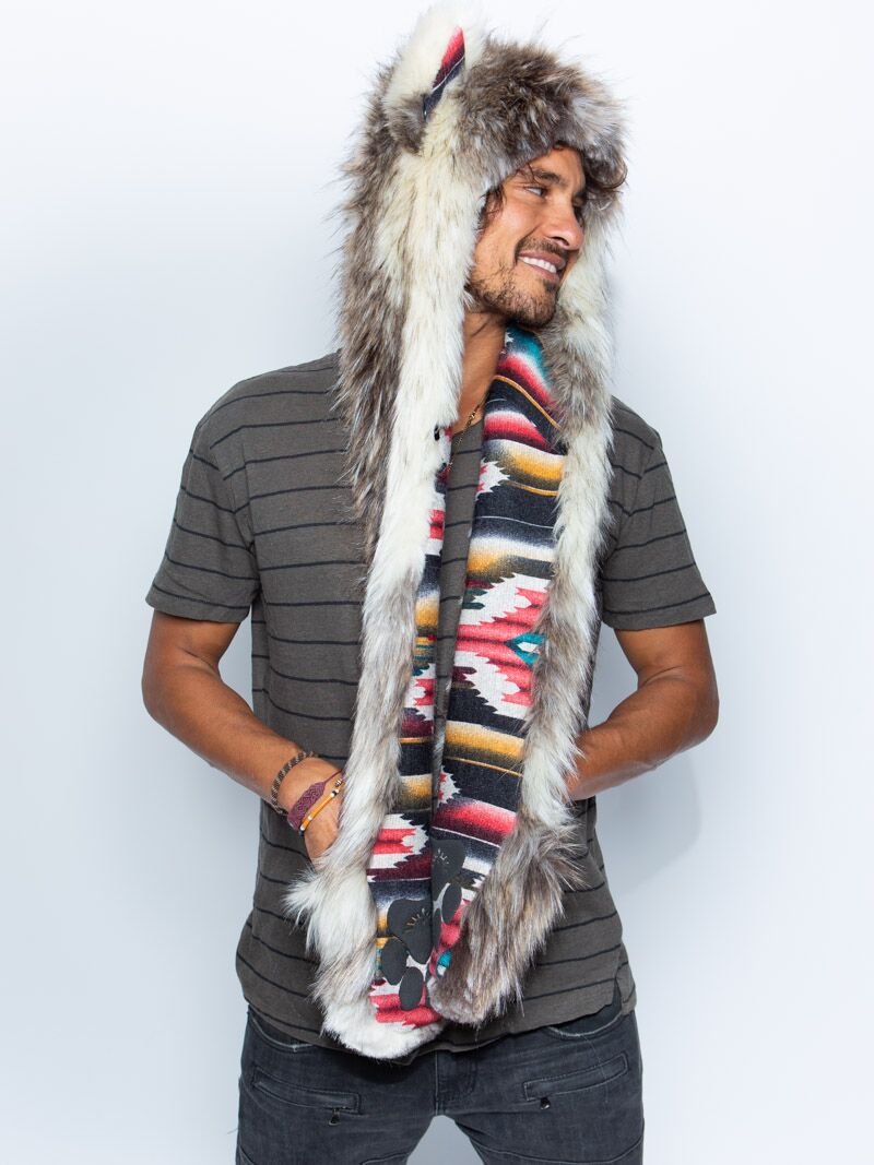 Man wearing faux fur Sedona Wolf Collector Edition SpiritHood, side view