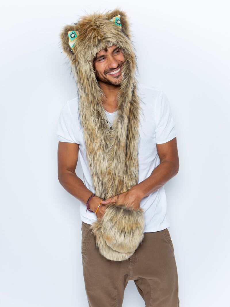 Man wearing faux fur Segera Wolf Collector Edition SpiritHood, front view 1