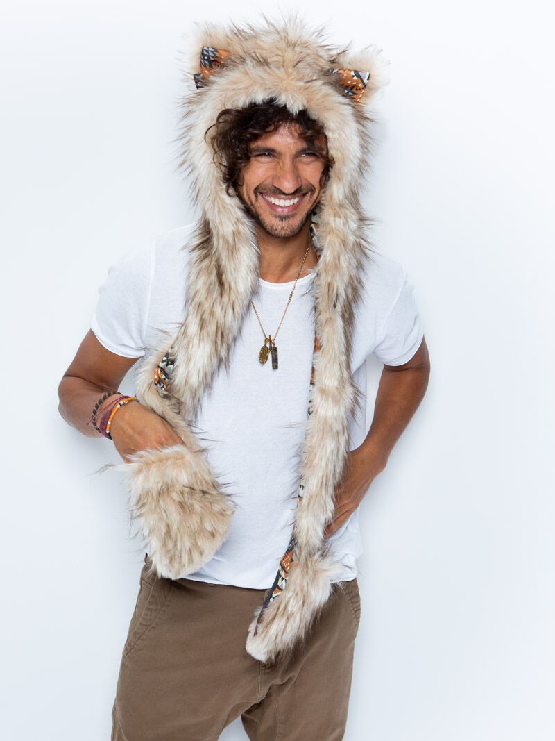 Man wearing faux fur Segolia Wolf Collector Edition SpiritHood