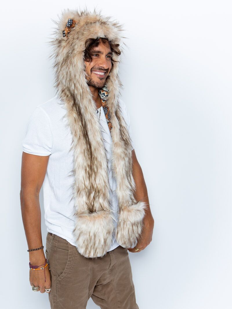 Man wearing faux fur Segolia Wolf Collector Edition SpiritHood, side view 1