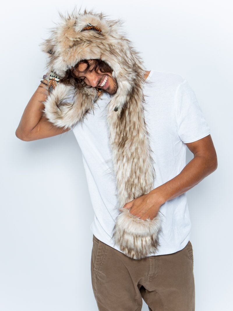 Man wearing faux fur Segolia Wolf Collector Edition SpiritHood, side view