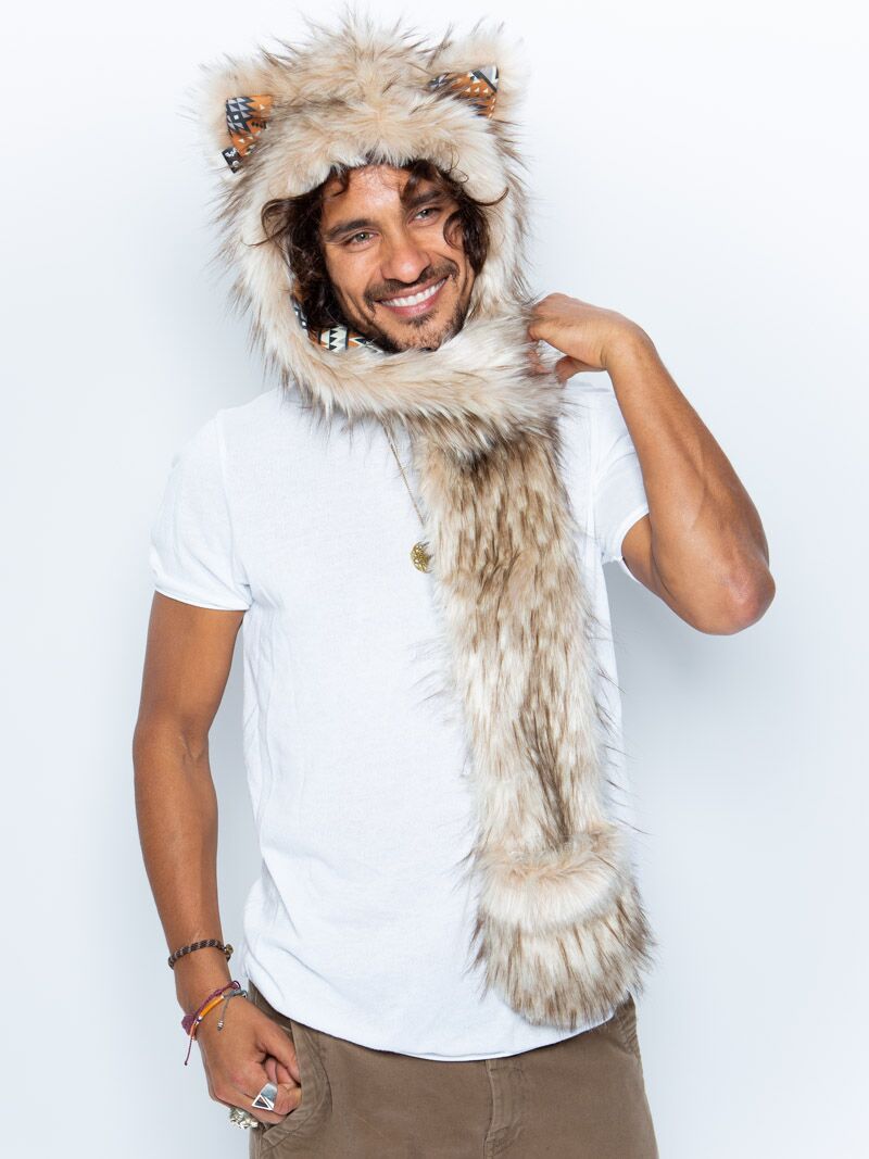 Man wearing faux fur Segolia Wolf Collector Edition SpiritHood, front view 2