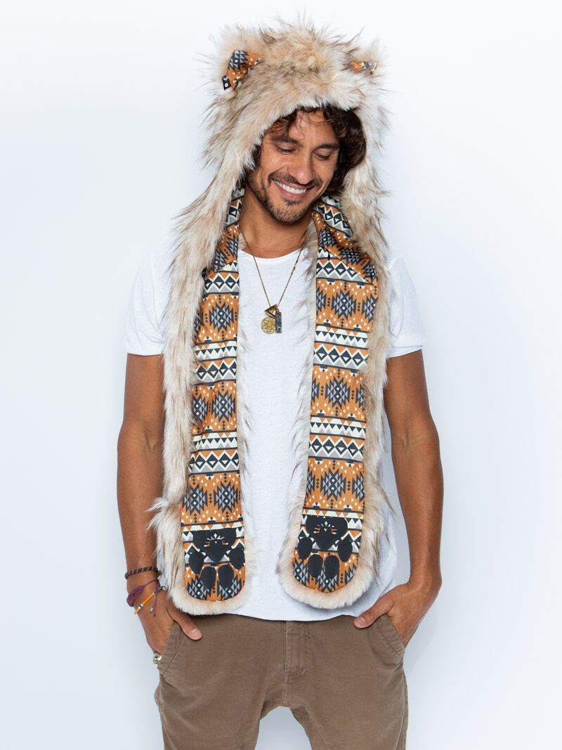 Man wearing faux fur Segolia Wolf Collector Edition SpiritHood, front view
