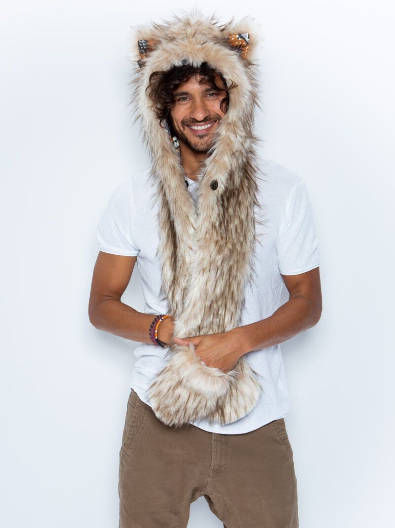Man wearing faux fur Segolia Wolf Collector Edition SpiritHood, front view 1