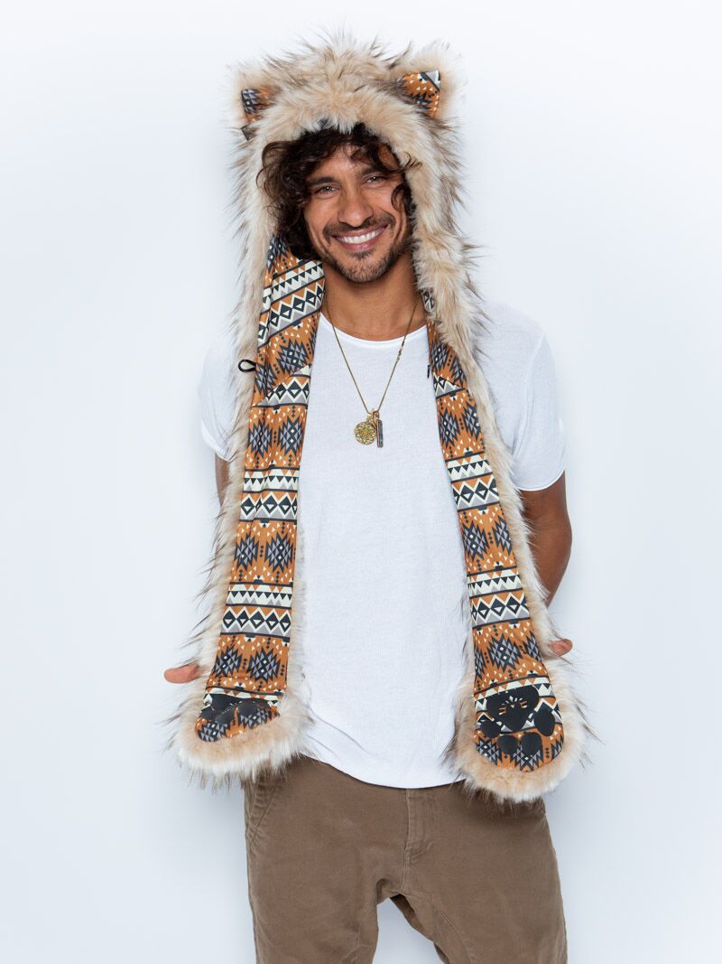 Man wearing faux fur Segolia Wolf Collector Edition SpiritHood, front view 3