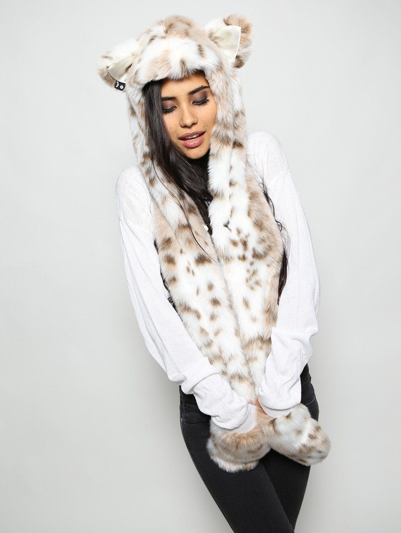 Woman Wearing Siberian Snow Leopard Faux Fur SpiritHood