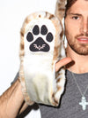 Close Up of SpiritHoods Logo on Paw Siberian Snow Leopard Faux Fur Hood
