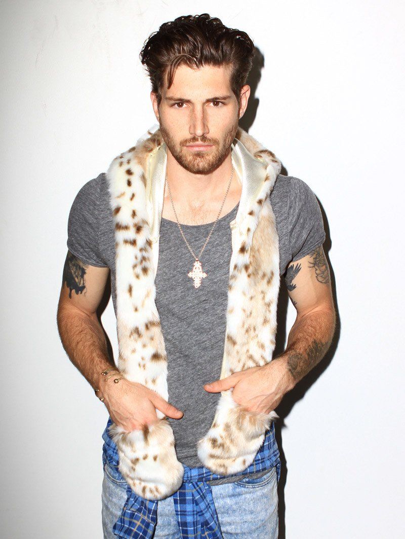 Faux Fur Hood with Siberian Snow Leopard Design on Male Model
