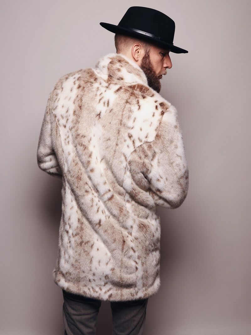Man wearing Siberian Snow Leopard Collared Faux Fur Coat
