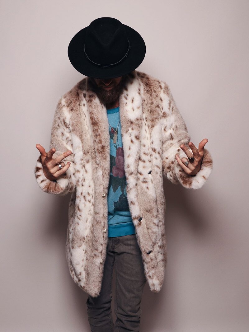 Man wearing Siberian Snow Leopard Collared Faux Fur Coat, front view 2