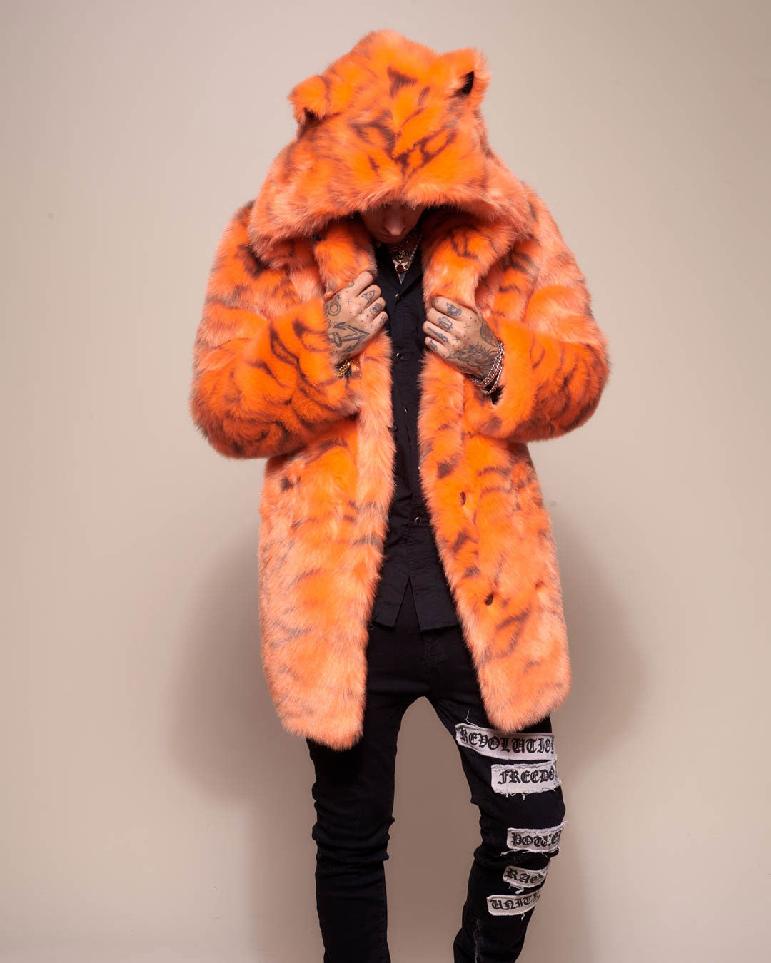 Man wearing Neon Tiger Limited Edition Classic Faux Fur Coat, front view 2