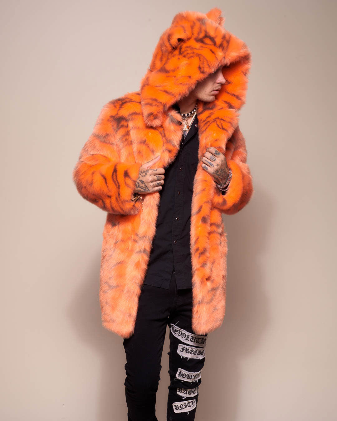 Man wearing Neon Tiger Limited Edition Classic Faux Fur Coat, front view 6