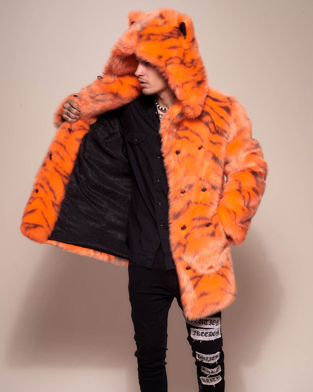 Man wearing Neon Tiger Limited Edition Classic Faux Fur Coat, front view 4
