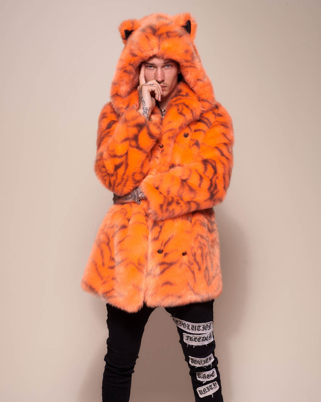 Man wearing Neon Tiger Limited Edition Classic Faux Fur Coat, front view 3