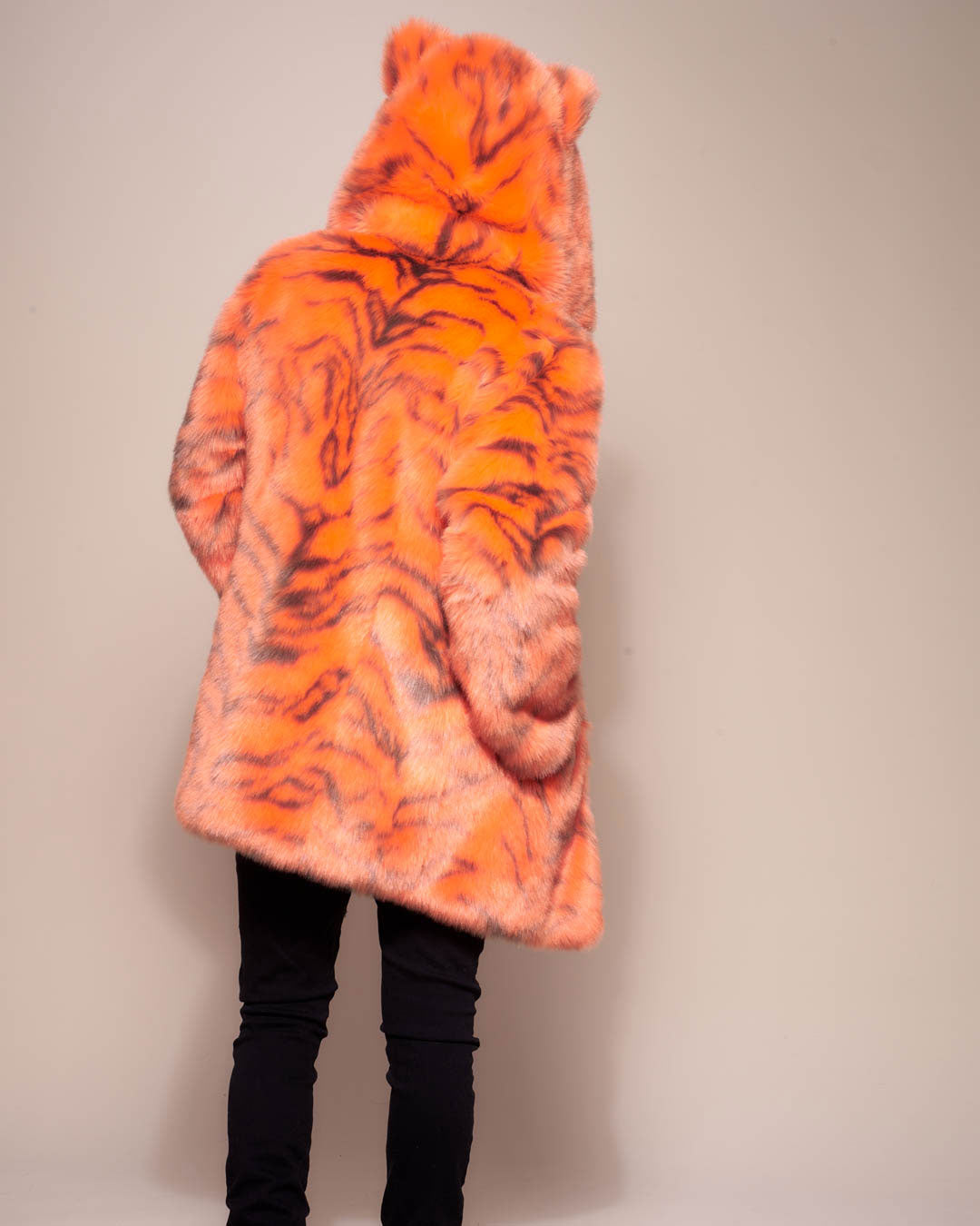 Man wearing Neon Tiger Limited Edition Classic Faux Fur Coat, back view 1