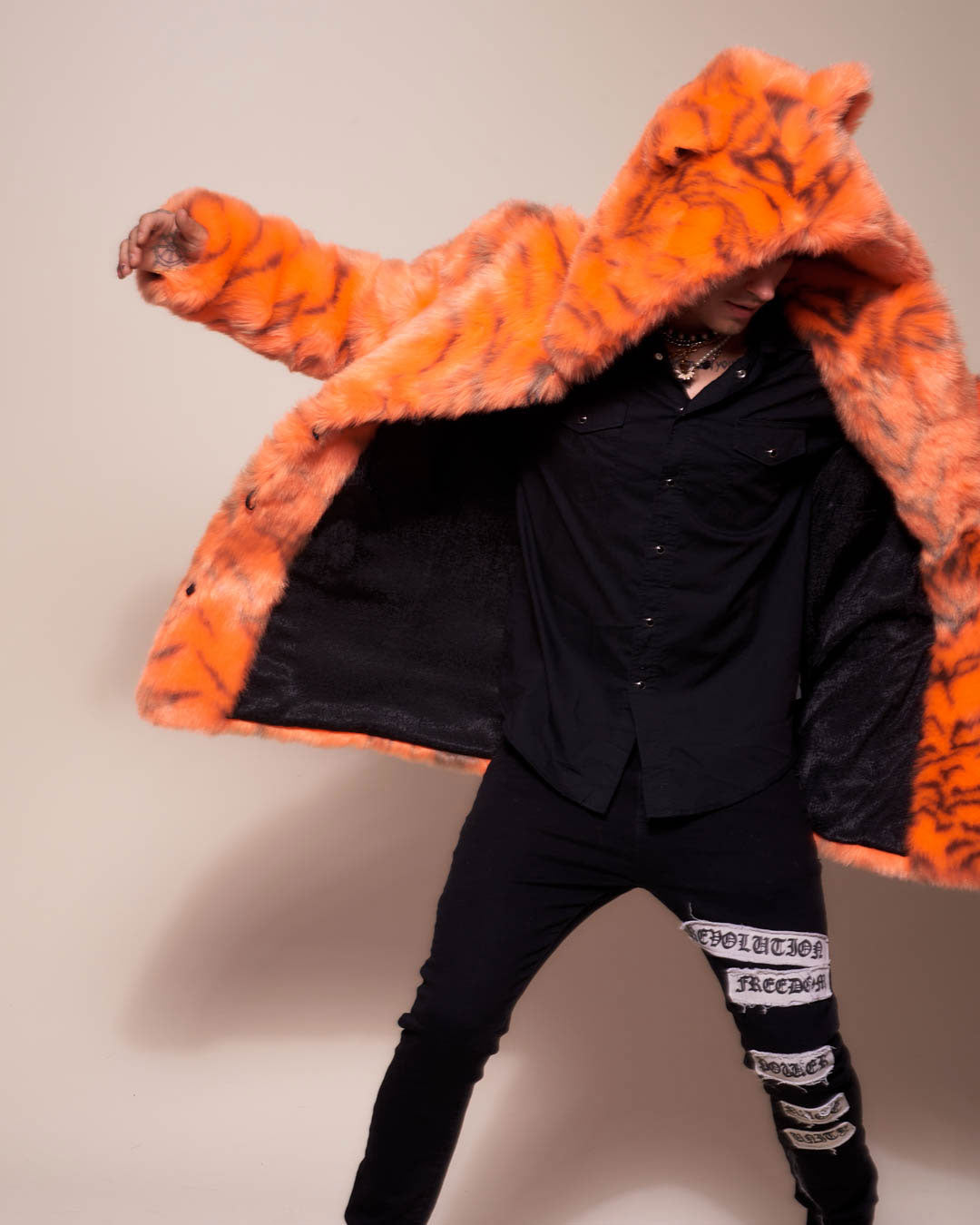 Man wearing Neon Tiger Limited Edition Classic Faux Fur Coat, front view 5