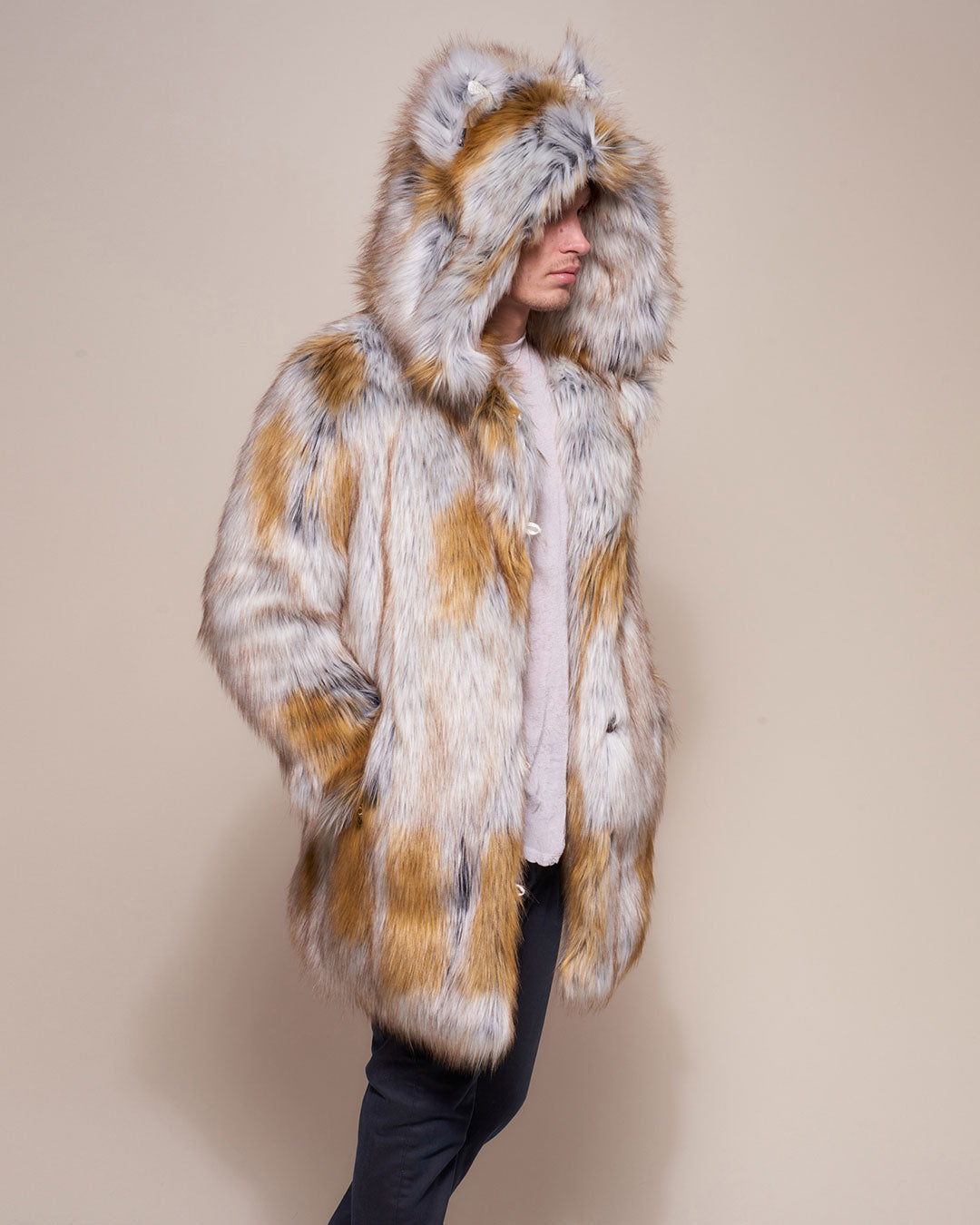 Man wearing Arctic Fox Classic Faux Fur Coat, side view 1