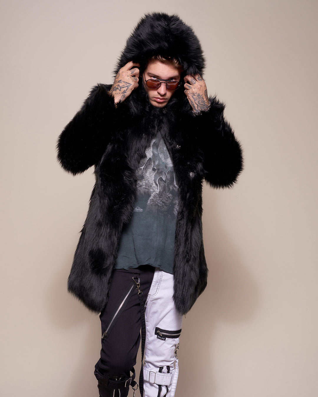 Man wearing Black Wolf Hooded Faux Fur Coat, front view 1