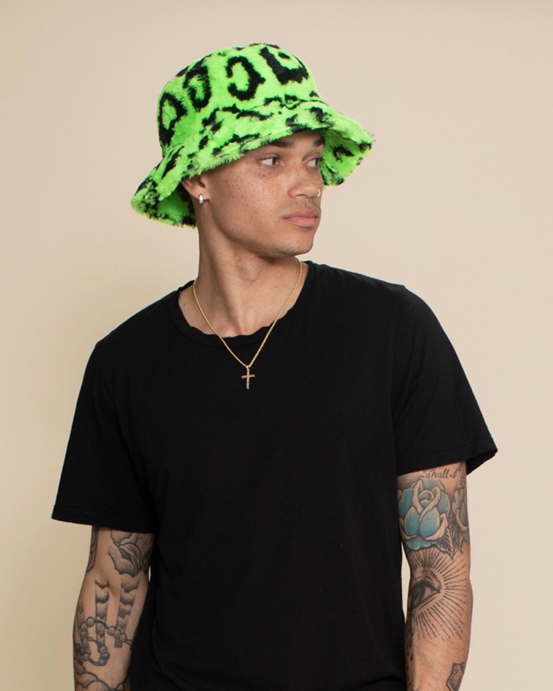 Men's Neon Green Leopard Faux Fur Bucket Hat | Wild Style
