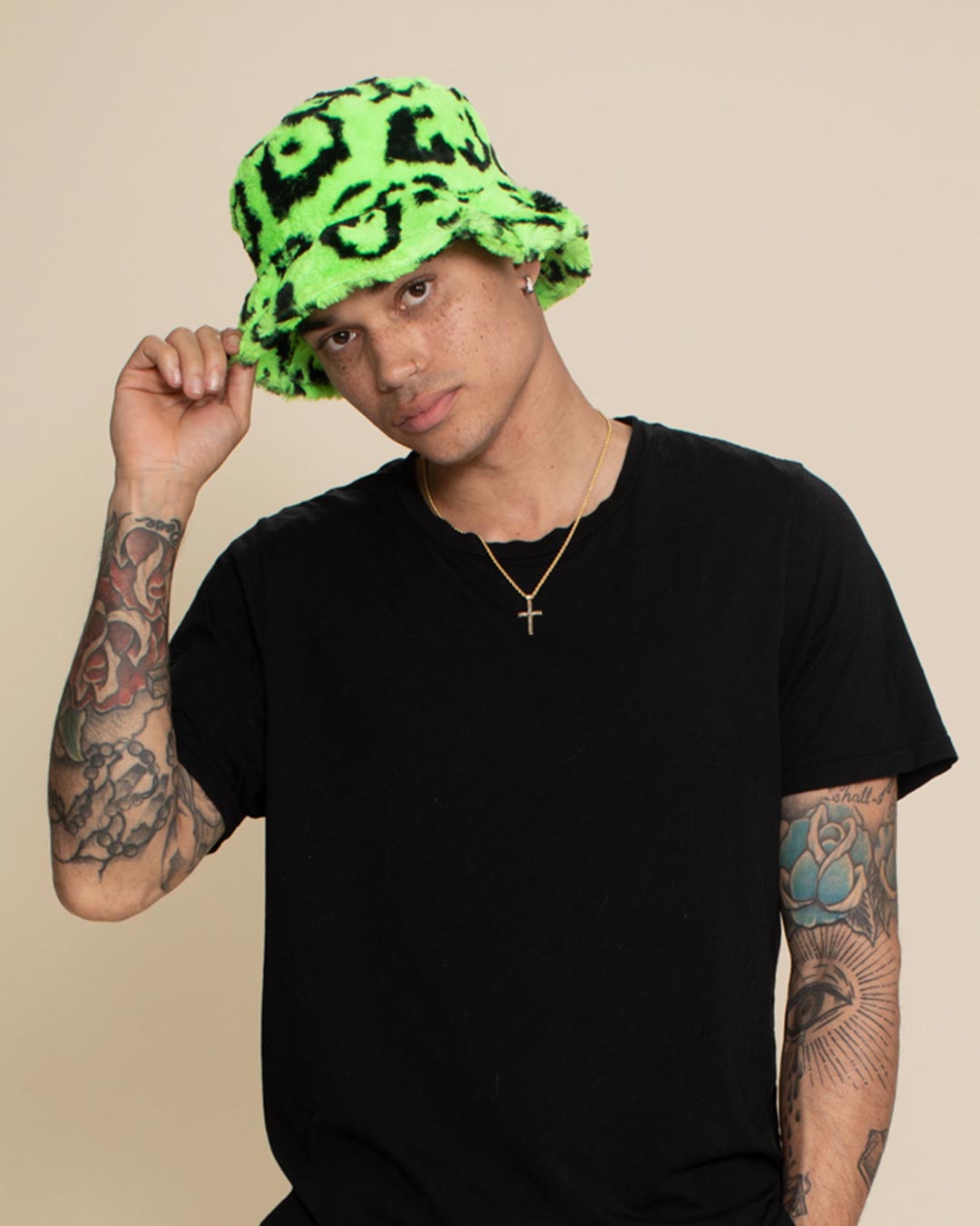 Neon Green Leopard Faux Fur Bucket Hat | Men&#39;s