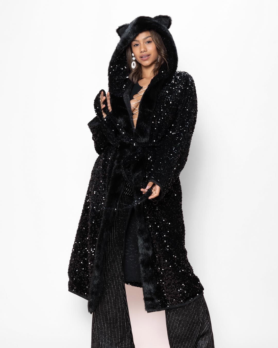 Sequin Black Panther Classic Faux Fur Style Robe | Women&#39;s