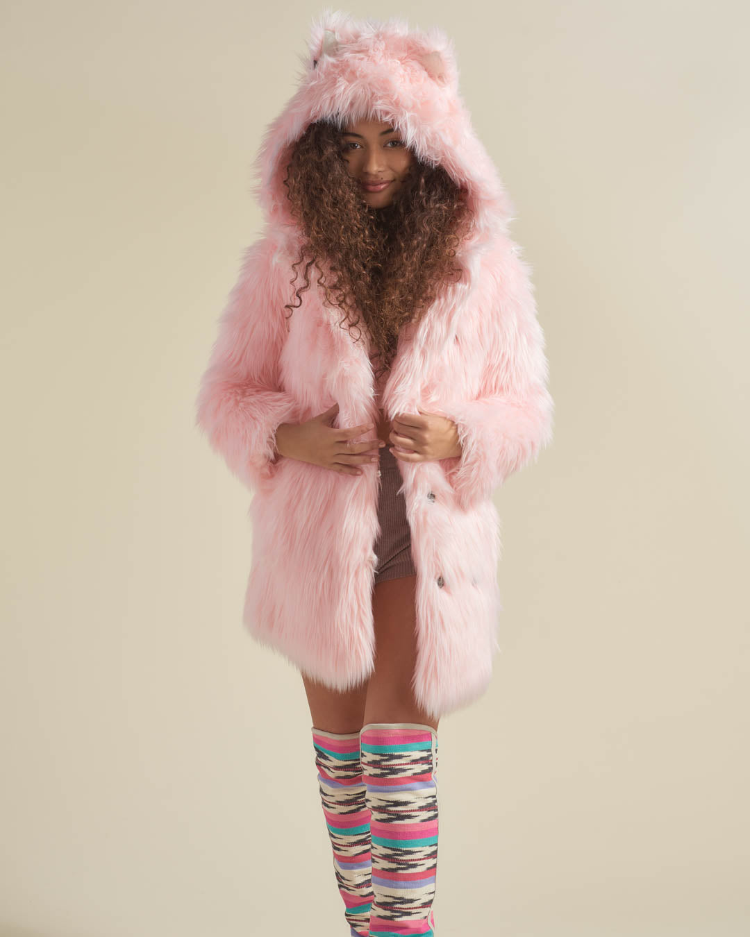 Flamingo Wolf Classic Faux Fur Coat on Woman