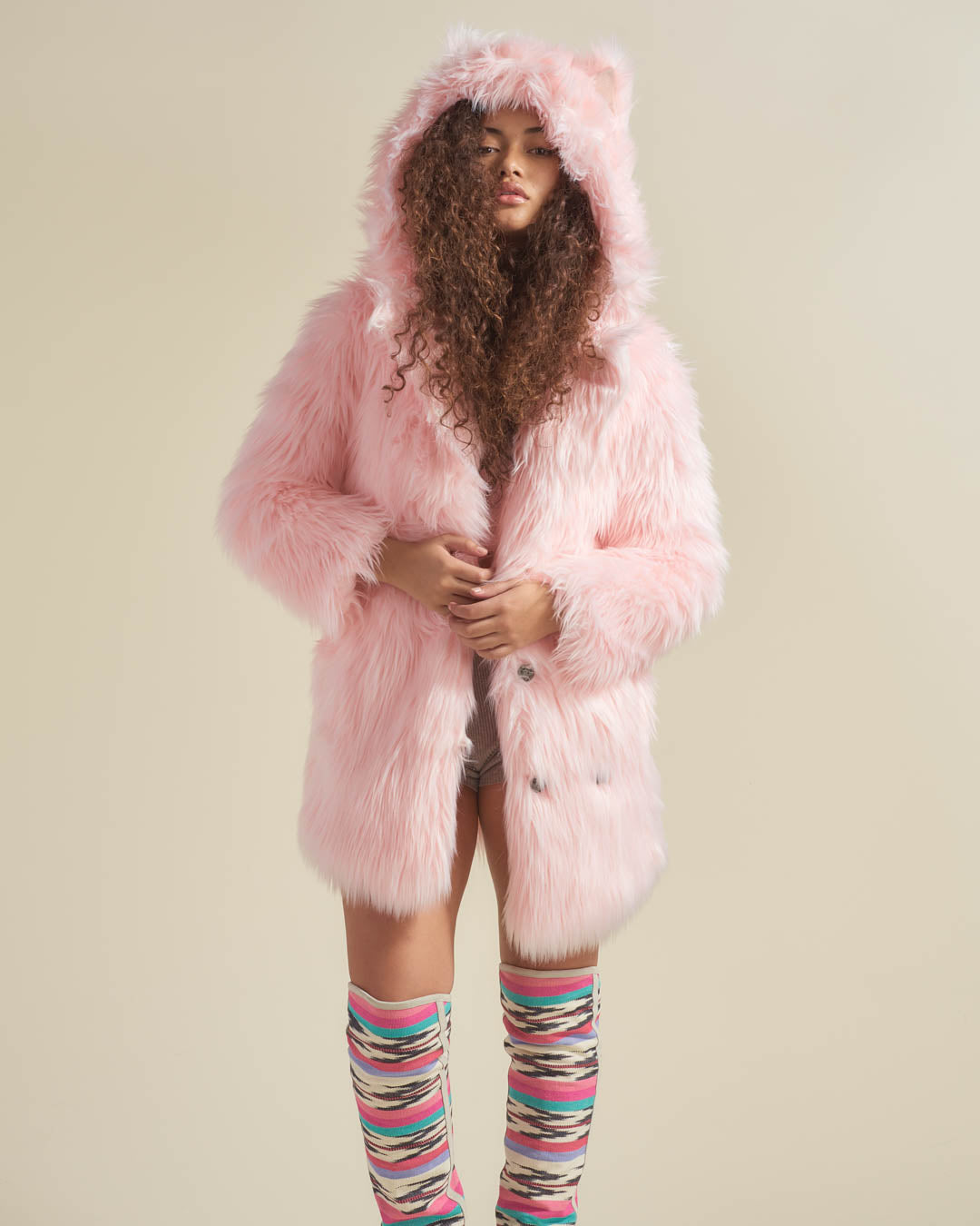 Pink Flamingo Wolf Classic Faux Fur Coat on Woman