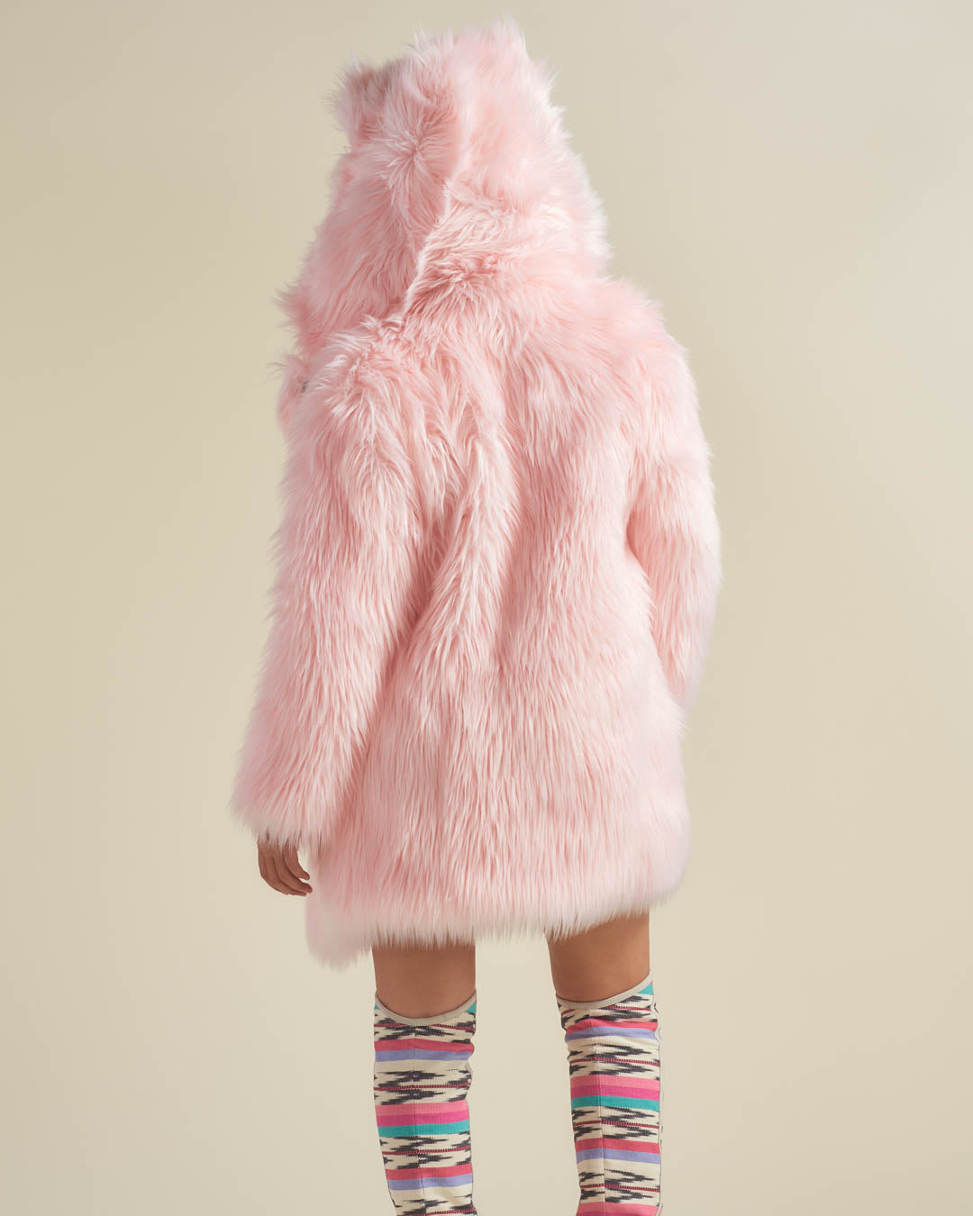Back View of Flamingo Wolf Classic Faux Fur Coat with Hood