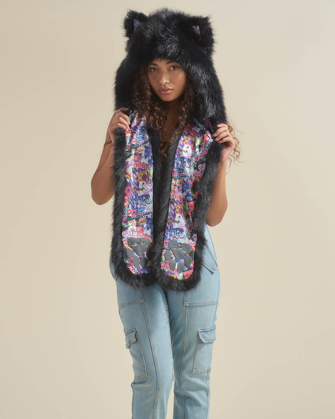 *Almost Purfect* Graffiti Wolf Luxe Faux Fur Hood