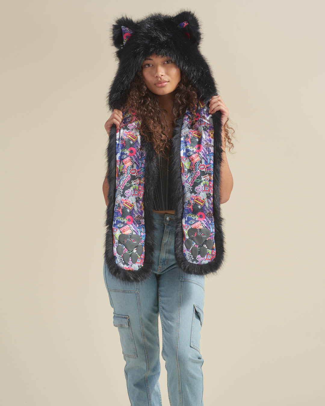 *Almost Purfect* Graffiti Wolf Luxe Faux Fur Hood