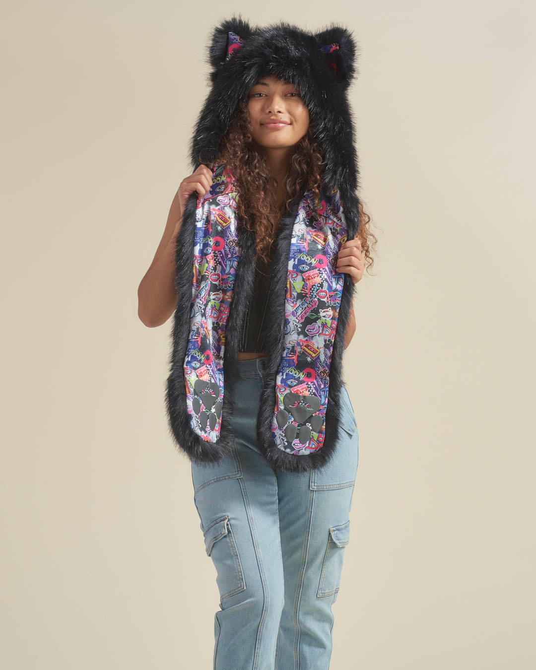 *Almost Purfect* Graffiti Wolf Luxe Faux Fur Hood