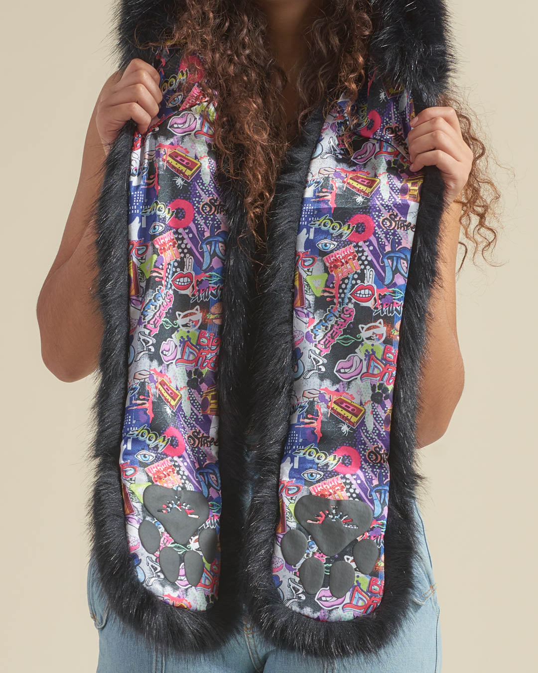 *Almost Purfect* Graffiti Wolf Luxe Faux Fur Hood