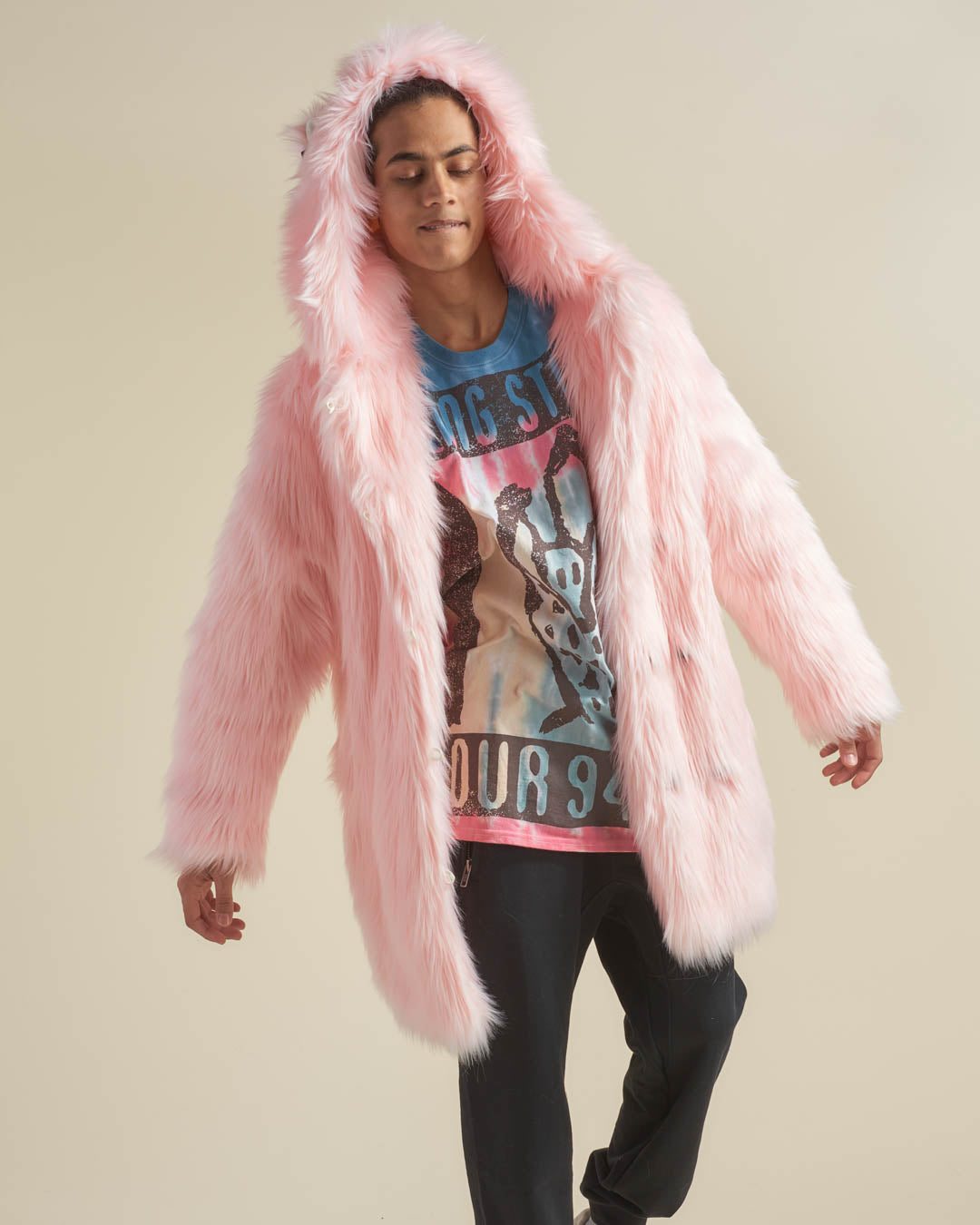 Flamingo Pink Wolf Classic Faux Fur Coat on Man