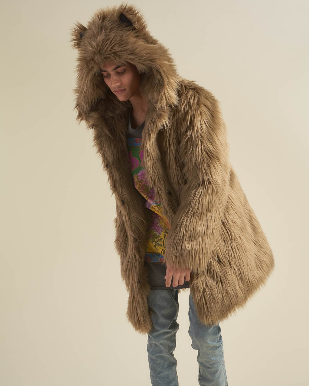Ash Wolf Classic Faux Fur Coat with Hood on Male Model