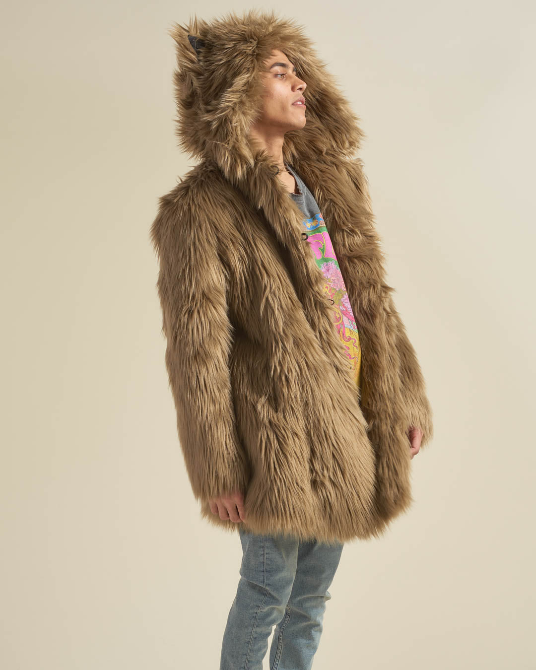Side View of Ash Wolf Classic Faux Fur Coat on Man