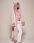 Woman wearing Rose Quartz Wolf Luxe Classic Faux Fur Robe, side view 3