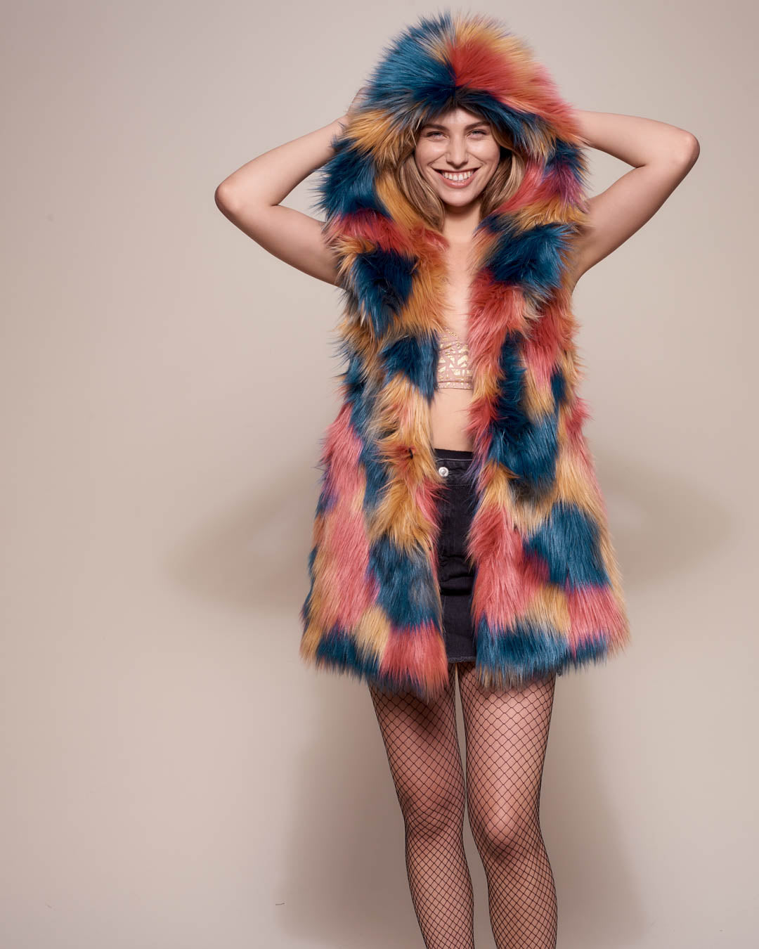 Colorful American Swallow Hooded Faux Fur Vest on Female